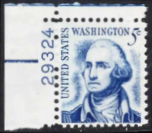 USA Michel 0937A / Scott 1283B postfrisch EINZELMARKE ECKRAND oben links m/ Platten-# 29324 - Berühmte Amerikaner: George Washington, 1. Präsident 