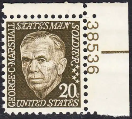 USA Michel 0935 / Scott 1289 postfrisch EINZELMARKE ECKRAND oben rechts m/ Platten-# 38536 - Berühmte Amerikaner: George Catlett Marshall, General und Politiker
