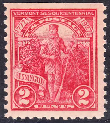 USA Michel 0307 / Scott 0643 postfrisch EINZELMARKE oben ungezähnt (a1) - 150. Jahrestag der Unabhängigkeit des Staates Vermont und der Schlachten bei Bennington, Oriskany, Fort Stanwix und Saratoga: Green Mountain Boy, Milizionär der Freiwilligenar
