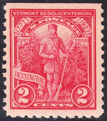 USA Michel 0307 / Scott 0643 postfrisch EINZELMARKE oben ungezähnt (a2) - 150. Jahrestag der Unabhängigkeit des Staates Vermont und der Schlachten bei Bennington, Oriskany, Fort Stanwix und Saratoga: Green Mountain Boy, Milizionär der Freiwilligenar