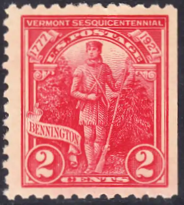 USA Michel 0307 / Scott 0643 postfrisch EINZELMARKE rechts ungezähnt (a2) - 150. Jahrestag der Unabhängigkeit des Staates Vermont und der Schlachten bei Bennington, Oriskany, Fort Stanwix und Saratoga: Green Mountain Boy, Milizionär der Freiwilligenar