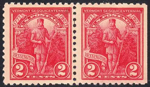 USA Michel 0307 / Scott 0643 postfrisch horiz.PAAR (rechts ungezähnt) - 150. Jahrestag der Unabhängigkeit des Staates Vermont und der Schlachten bei Bennington, Oriskany, Fort Stanwix und Saratoga: Green Mountain Boy, Milizionär der Freiwilligenarmee