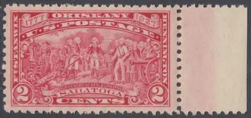 USA Michel 0308 / Scott 0644 postfrisch EINZELMARKE Rand rechts - 150. Jahrestag der Unabhängigkeit des Staates Vermont und der Schlachten bei Bennington, Oriskany, Fort Stanwix und Saratoga: Kapitulation des Generals John Burgoyne, Gemälde von John T