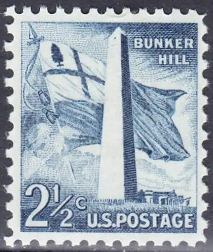 USA Michel 0655 / Scott 1034 postfrisch EINZELMARKE (a2) - Bedeutende Amerikaner, Bauwerke:Flagge von Massachusetts (1776), Bunker-Hill-Denkmal in Boston