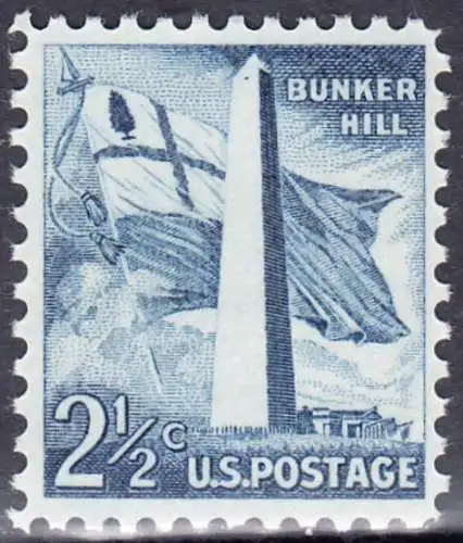 USA Michel 0655 / Scott 1034 postfrisch EINZELMARKE (a3) - Bedeutende Amerikaner, Bauwerke:Flagge von Massachusetts (1776), Bunker-Hill-Denkmal in Boston