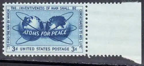 USA Michel 0691 / Scott 1070 postfrisch EINZELMARKE RAND rechts - Atomkraft für den Frieden: Atomsymbol mit Erdhalbkugeln