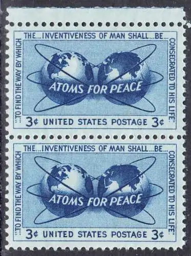 USA Michel 0691 / Scott 1070 postfrisch vert.PAAR RAND oben - Atomkraft für den Frieden: Atomsymbol mit Erdhalbkugeln