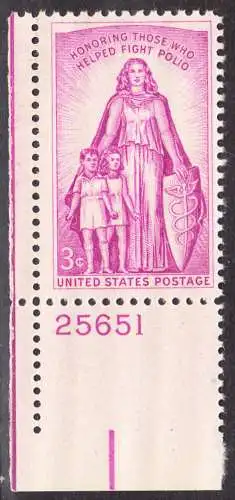 USA Michel 0709 / Scott 1087 postfrisch EINZELMARKE ECKRAND unten links m/Platten-# 25651  - Kampf gegen die Kinderlähmung; Symbol des Kinderschutzes