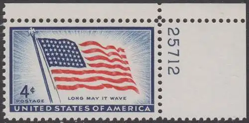 USA Michel 0716 / Scott 1094 postfrisch EINZELMARKE ECKRAND oben rechts m/Platten-# 25712 - 100 Jahre Amerikanische Flagge, von 1957 (48 Sterne für 48 Staaten) 