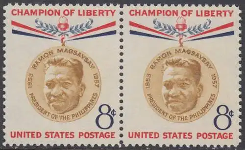 USA Michel 0719 / Scott 1096 postfrisch horiz.PAAR (a2) - Freiheitskämpfer: 50. Geburtstag von Ramón Magsaysay; Präsident der Philippinen