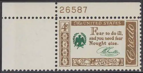 USA Michel 0767 / Scott 1140 postfrisch EINZELMARKE ECKRAND oben links m/Platten-# 26587 - Amerikanisches Credo mit Aussprüchen berühmter Amerikaner (Benjamin Franklin)