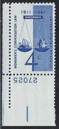 USA Michel 0812 / Scott 1186 postfrisch EINZELMARKE ECKRAND unten links m/Platten-# 27025 - 50 Jahre Ausgleichsgesetz für Arbeiter; Gerechtigkeitssymbol