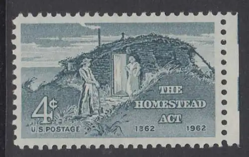 USA Michel 0828 / Scott 1198 postfrisch EINZELMARKE RAND rechts (a3) - 100 Jahre Heimstättengesetz; Siedlerpaar vor behelfsmäßigem Heim