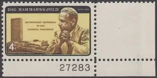 USA Michel 0833I / Scott 1203 postfrisch EINZELMARKE ECKRAND unten rechts m/ Platten-# 27283 - Dag Hammarskjöld, UN-Generalsekretär vor UNO-Gebäude 