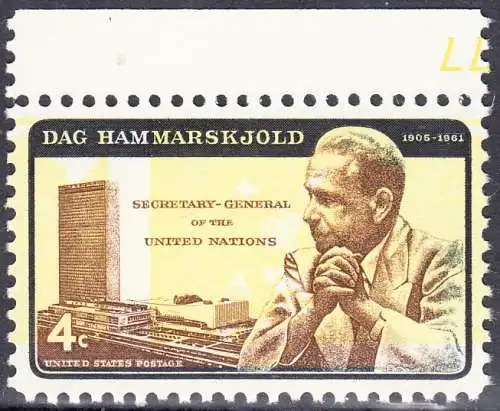 USA Michel 0833II / Scott 1204 postfrisch EINZELMARKE RAND oben  - Dag Hammarskjöld, UN-Generalsekretär vor UNO-Gebäude 