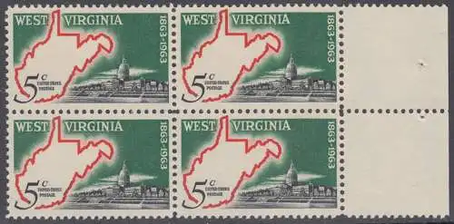 USA Michel 0842 / Scott 1232 postfrisch BLOCK RAND rechts - 100 Jahre Staat West Virginia; Landkarte von West Virginia, Regierungsgebäude in Charleston