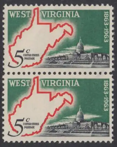 USA Michel 0842 / Scott 1232 postfrisch vert.PAAR (a2) - 100 Jahre Staat West Virginia; Landkarte von West Virginia, Regierungsgebäude in Charleston