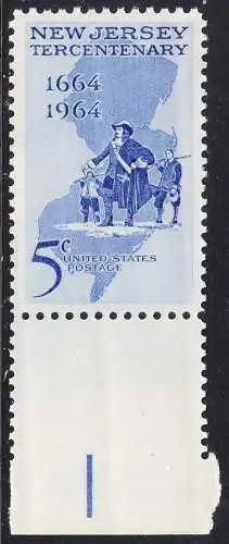 USA Michel 0861 / Scott 1247 postfrisch EINZELMARKE RAND unten - 300 Jahre New Jersey; Landkarte, Philip Carteret landet am Strand von New Jersey 