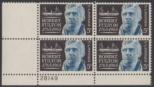 USA Michel 0886 / Scott 1270 postfrisch PLATEBLOCK ECKRAND unten links m/Platten-# 28149 - Robert Fulton, Erbauer des ersten dampfgetriebenen Handelsschiffes „Clermont“ 