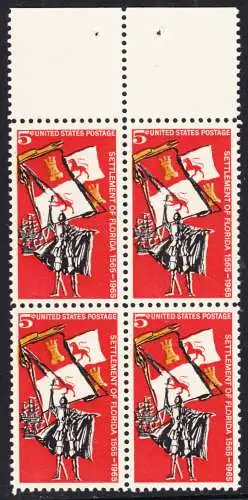 USA Michel 0887 / Scott 1271 postfrisch BLOCK RÄNDER oben (a2) - 400. Jahrestag der Besiedelung von Florida: Gründung von St. Augustine; Spanischer Eroberer, Flagge und Segelschiff (16. Jh.)