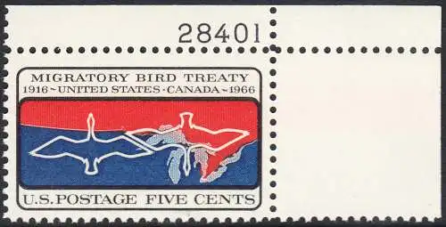 USA Michel 0897 / Scott 1306 postfrisch EINZELMARKE ECKRAND oben rechts m/Platten-# 28401 - 50 Jahre Vertrag zwischen den USA und Kanada zum Schutz der Zugvögel