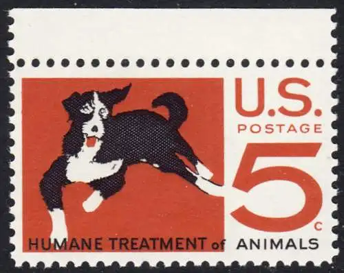 USA Michel 0898 / Scott 1307 postfrisch EINZELMARKE RAND oben - 100 Jahre amerikanischer Tierschutzverein; Hund