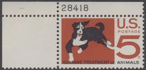 USA Michel 0898 / Scott 1307 postfrisch EINZELMARKE ECKRAND oben links m/ Platten-# 28429 - 100 Jahre amerikanischer Tierschutzverein; Hund