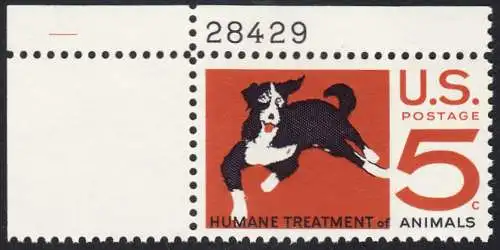 USA Michel 0898 / Scott 1307 postfrisch EINZELMARKE ECKRAND oben links m/ Platten-# 28418 - 100 Jahre amerikanischer Tierschutzverein; Hund