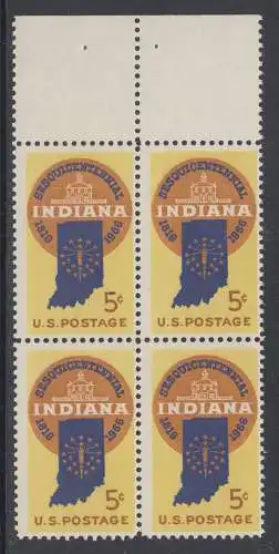 USA Michel 0899 / Scott 1308 postfrisch BLOCK RÄNDER oben (a2) - 150 Jahre Staat Indiana; Landkarte von Indiana, altes Regierungsgebäude in Corydon