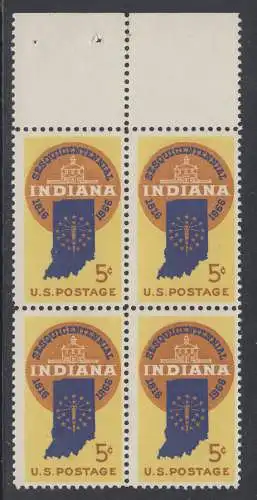USA Michel 0899 / Scott 1308 postfrisch BLOCK RÄNDER oben (a3) - 150 Jahre Staat Indiana; Landkarte von Indiana, altes Regierungsgebäude in Corydon