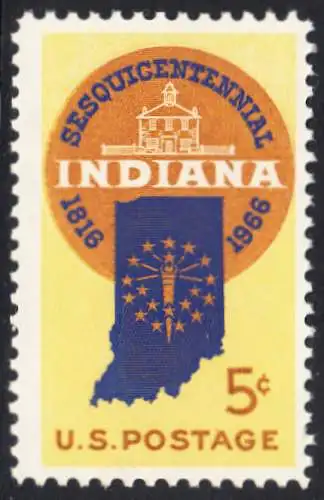 USA Michel 0899 / Scott 1308 postfrisch EINZELMARKE (a2) - 150 Jahre Staat Indiana; Landkarte von Indiana, altes Regierungsgebäude in Corydon