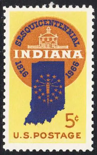 USA Michel 0899 / Scott 1308 postfrisch EINZELMARKE (a3) - 150 Jahre Staat Indiana; Landkarte von Indiana, altes Regierungsgebäude in Corydon