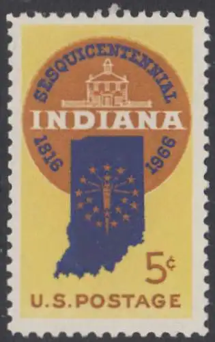 USA Michel 0899 / Scott 1308 postfrisch EINZELMARKE (a4) - 150 Jahre Staat Indiana; Landkarte von Indiana, altes Regierungsgebäude in Corydon