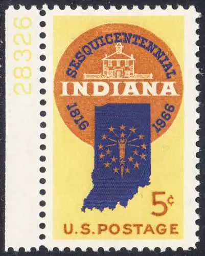 USA Michel 0899 / Scott 1308 postfrisch EINZELMARKE RAND links - 150 Jahre Staat Indiana; Landkarte von Indiana, altes Regierungsgebäude in Corydon