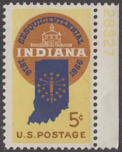 USA Michel 0899 / Scott 1308 postfrisch EINZELMARKE RAND rechts m/ Platten-# 28327 - 150 Jahre Staat Indiana; Landkarte von Indiana, altes Regierungsgebäude in Corydon