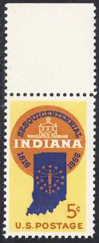 USA Michel 0899 / Scott 1308 postfrisch EINZELMARKE RAND oben (a2) - 150 Jahre Staat Indiana; Landkarte von Indiana, altes Regierungsgebäude in Corydon