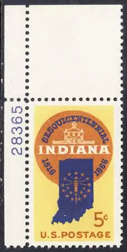 USA Michel 0899 / Scott 1308 mit Falzrest EINZELMARKE ECKRAND oben links m/Platten-# 28365 - 150 Jahre Staat Indiana; Landkarte von Indiana, altes Regierungsgebäude in Corydon