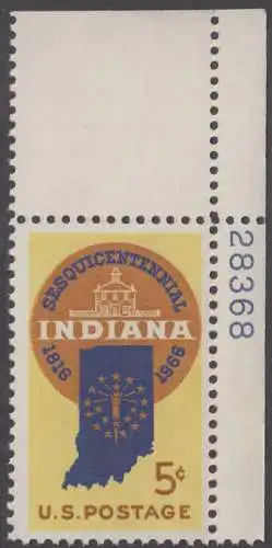 USA Michel 0899 / Scott 1308 mit Falzrest EINZELMARKE ECKRAND oben rechts m/Platten-# 28368 - 150 Jahre Staat Indiana; Landkarte von Indiana, altes Regierungsgebäude in Corydon