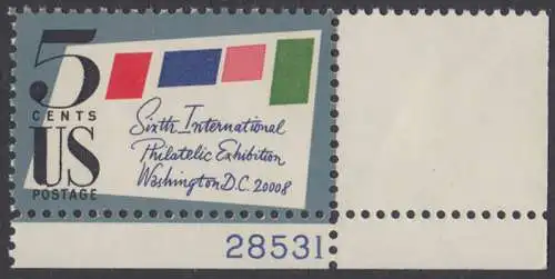 USA Michel 0901A / Scott 1310 postfrisch EINZELMARKE ECKRAND unten rechts m/ Platten-# 28531 (Gumm. beeintr.) - 6. Internationale Briefmarkenausstellung SIPEX, Washington, DC