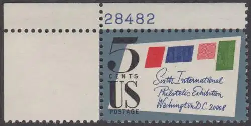 USA Michel 0901A / Scott 1310 postfrisch EINZELMARKE ECKRAND oben links m/ Platten-# 28482 - 6. Internationale Briefmarkenausstellung SIPEX, Washington, DC
