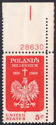 USA Michel 0904 / Scott 1313 postfrisch EINZELMARKE ECKRAND oben rechts m/ Platten-# 28630 - 1000 Jahre Polen; Kreuz über polnischem Adler 