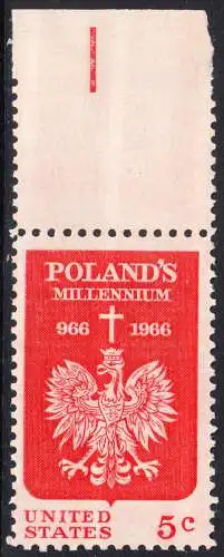 USA Michel 0904 / Scott 1313 postfrisch EINZELMARKE RAND oben (a3) - 1000 Jahre Polen; Kreuz über polnischem Adler 