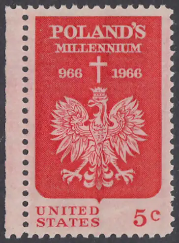 USA Michel 0904 / Scott 1313 postfrisch EINZELMARKE RAND links (Gumm. beeintr.) - 1000 Jahre Polen; Kreuz über polnischem Adler 