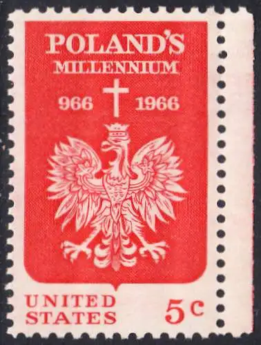 USA Michel 0904 / Scott 1313 postfrisch EINZELMARKE RAND rechts - 1000 Jahre Polen; Kreuz über polnischem Adler 