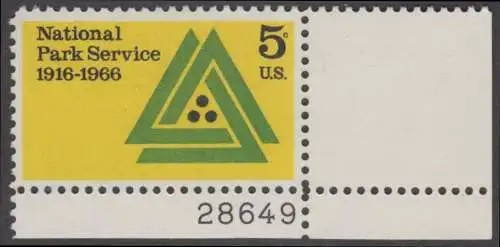 USA Michel 0905 / Scott 1314 postfrisch EINZELMARKE ECKRAND unten rechts m/ Platten-# 28649 - 50 Jahre Nationalparkdienst 