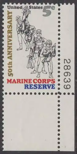 USA Michel 0906 / Scott 1315 postfrisch EINZELMARKE ECKRAND unten rechts m/ Platten-# 28639 (a2) - 50 Jahre Reservistenvereinigung der Marineinfanteristen