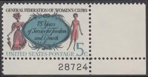USA Michel 0907 / Scott 1316 postfrisch EINZELMARKE ECKRAND unten rechts m/ Platten-# 28724 - 75 Jahre Vereinigte Frauen-Clubs