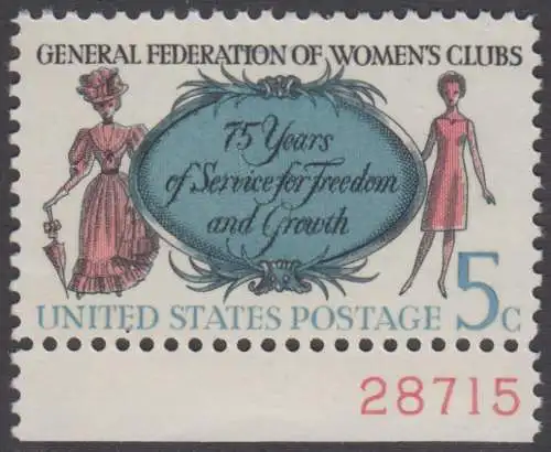 USA Michel 0907 / Scott 1316 postfrisch EINZELMARKE RAND unten m/ Platten-# 28715 (a2) - 75 Jahre Vereinigte Frauen-Clubs