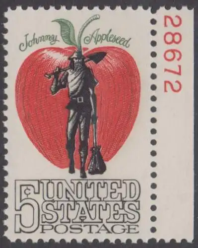 USA Michel 0908 / Scott 1317 postfrisch EINZELMARKE RAND rechts m/ Platten-# 28672 - Amerikanische Folklore: Johnny Appleseed