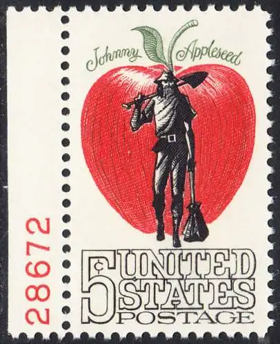 USA Michel 0908 / Scott 1317 postfrisch EINZELMARKE RAND links m/ Platten-# 28672 - Amerikanische Folklore: Johnny Appleseed